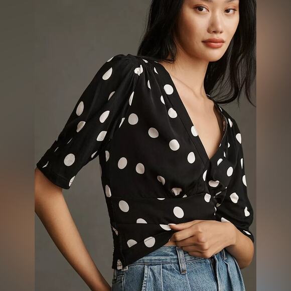 Anthropologie Tiny Adelaide Black & White Polka Dot Crop Blouse Size XXS - Picture 1 of 6
